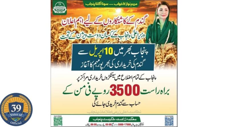 10 اپریل سے گندم کی خریداری مہم کا آغاز، قیمت 3500 روپے فی من مقرر